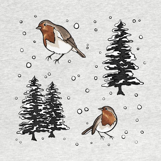 Robin and Snow Covered Trees Pattern Digital Illustration by AlmightyClaire